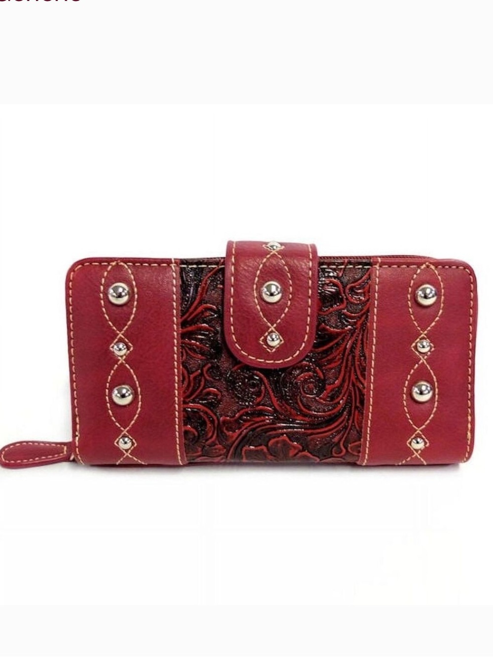 Others Follow Red Embossed Leather Wallet with Stud Accents